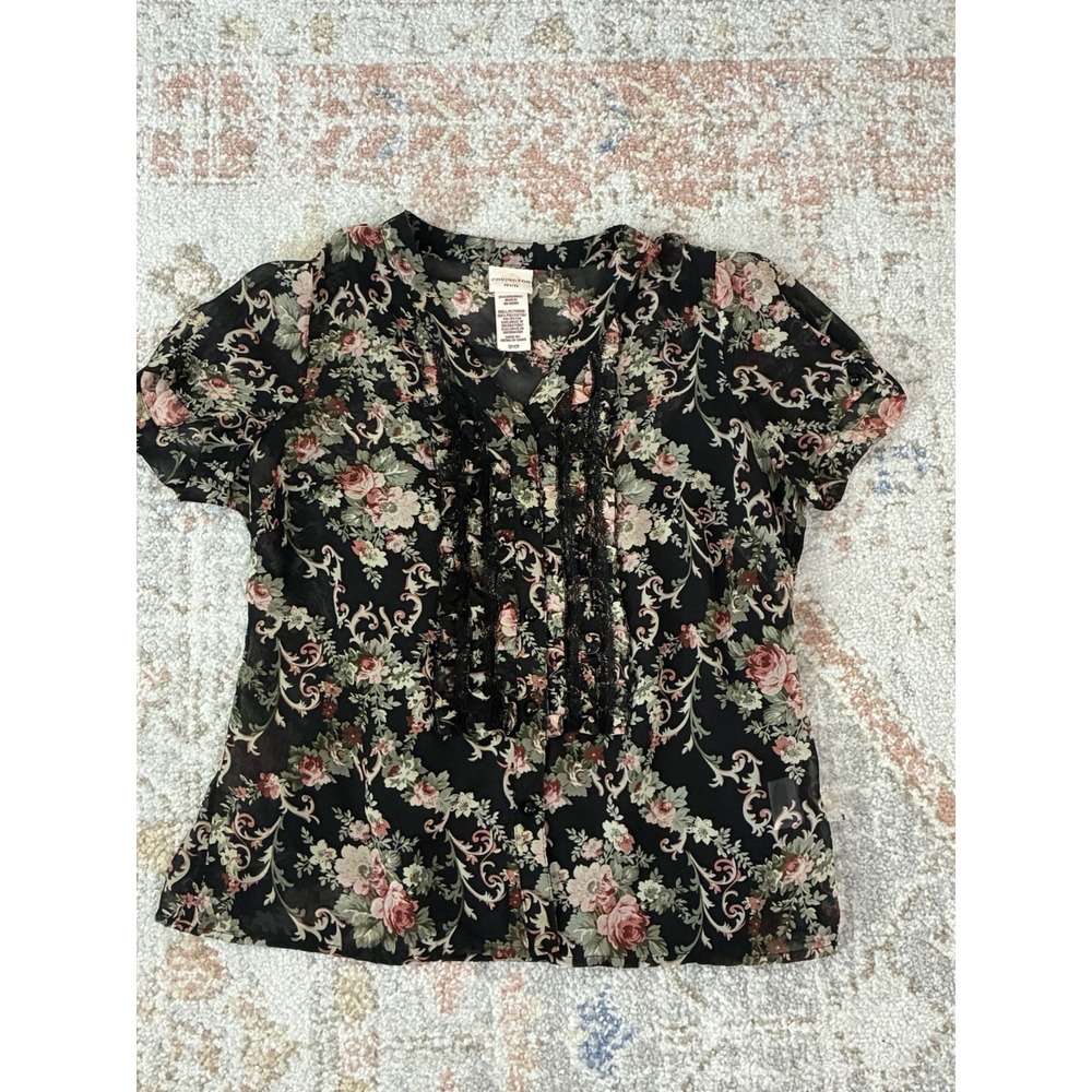 Covington Black Rose Floral Sheer Blouse Lace Accent Petite Vintage Style Small